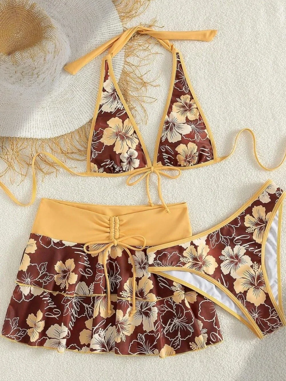 BRAND NEW 3 Piece Bikini Set Tropical Floral Print with Skirt Size SMALL